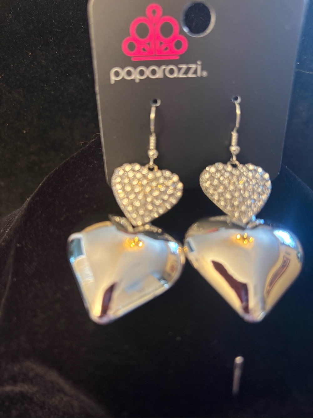 paparazzi Silver Crystal and Puff Heart Drop Earrings
